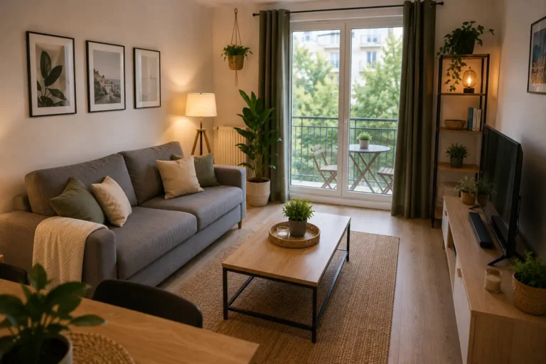 Salon lumineux et confortable préparé pour améliorer l’attractivité d’un logement en location