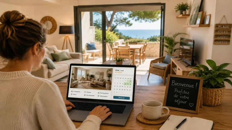 Propriétaire optimisant une annonce de location saisonnière dans un logement lumineux avec vue mer