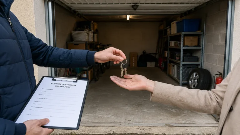 Remise de clés devant un garage avec contrat de location garage