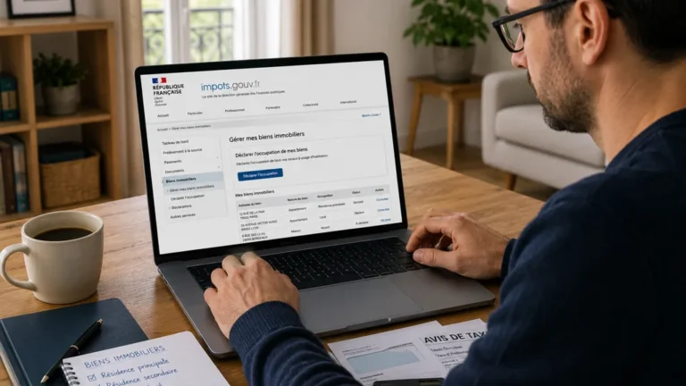 Propriétaire déclarant l’occupation de ses biens immobiliers en ligne depuis son espace impôts.