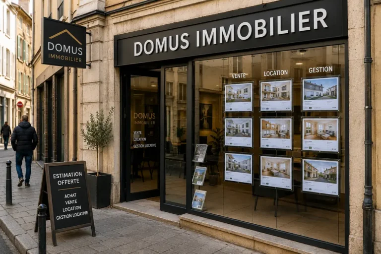 Façade d’une agence immobilière indépendante avec annonces de vente et location en vitrine