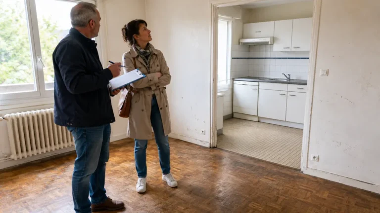 Locataires inspectant un logement social ancien avant un état des lieux de sortie après plusieurs années d’occupation.