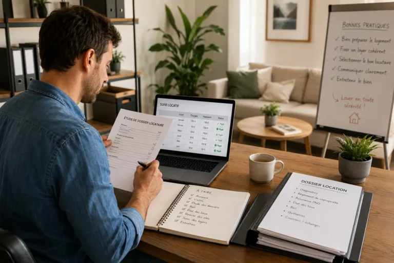 Propriétaire organisant ses documents et paiements pour une gestion locative plus sereine