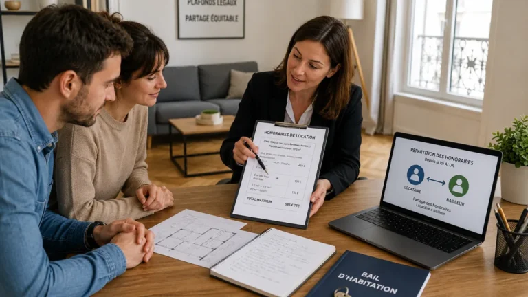 Agent immobilier expliquant les honoraires de location à un couple avant la signature du bail.