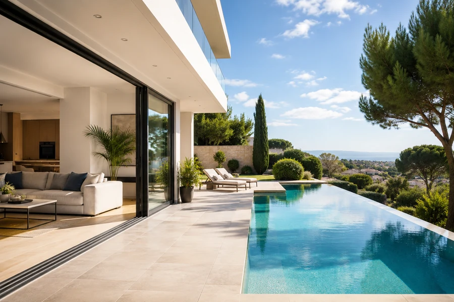 Maison moderne avec piscine illustrant la catégorie immobilier et les projets d’achat ou de location.