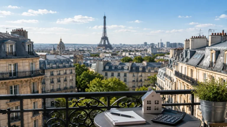 Vue sur Paris avec calculatrice et maquette de maison pour illustrer un investissement locatif à Paris