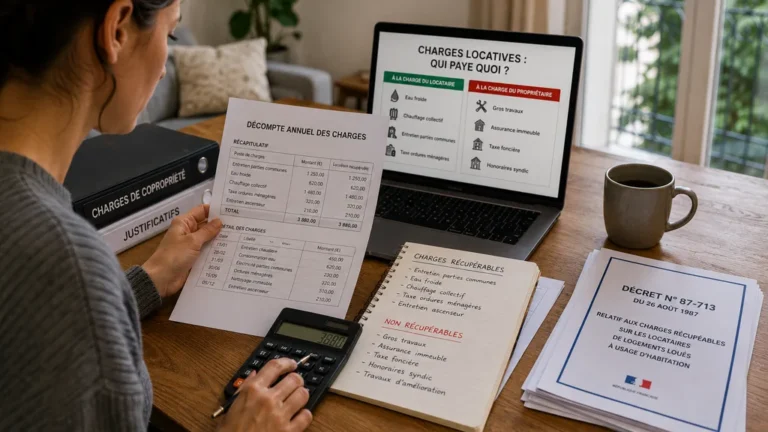 Propriétaire vérifiant les charges locatives récupérables avec factures, justificatifs et calculatrice sur une table.