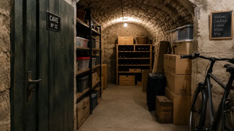 Cave parisienne aménagée avec cartons, vélo et étagères pour une location de cave à Paris