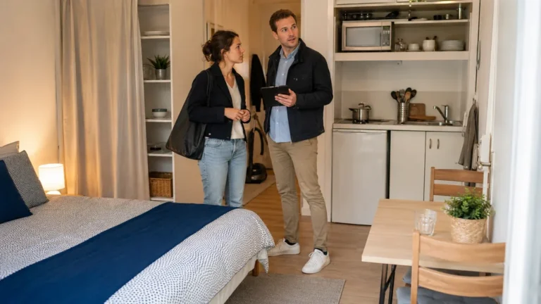 Visite d’un logement meublé avec cuisine équipée, literie, table et rangements conformes au décret location meublée.