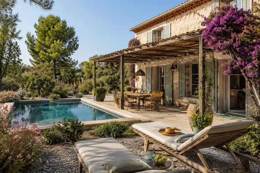 Maison de vacances avec piscine et terrasse illustrant la location saisonnière.