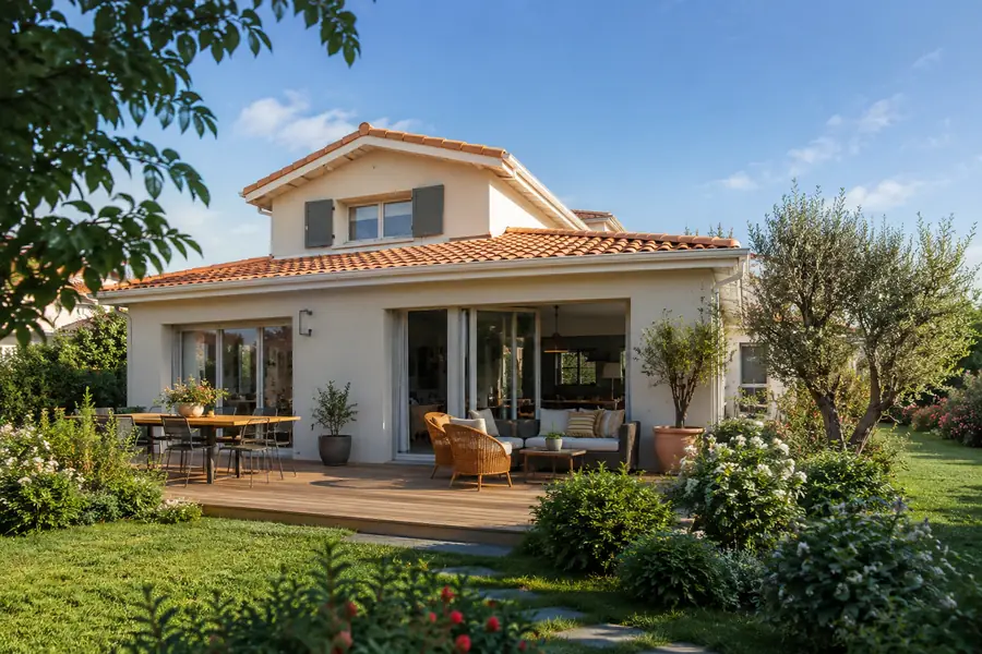 Maison familiale avec jardin et terrasse illustrant la catégorie maison et habitat