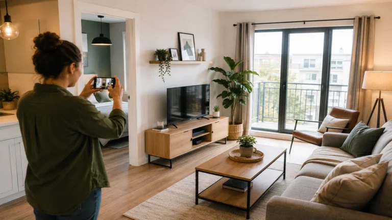 Propriétaire photographiant un appartement lumineux et bien préparé pour mieux louer son bien immobilier