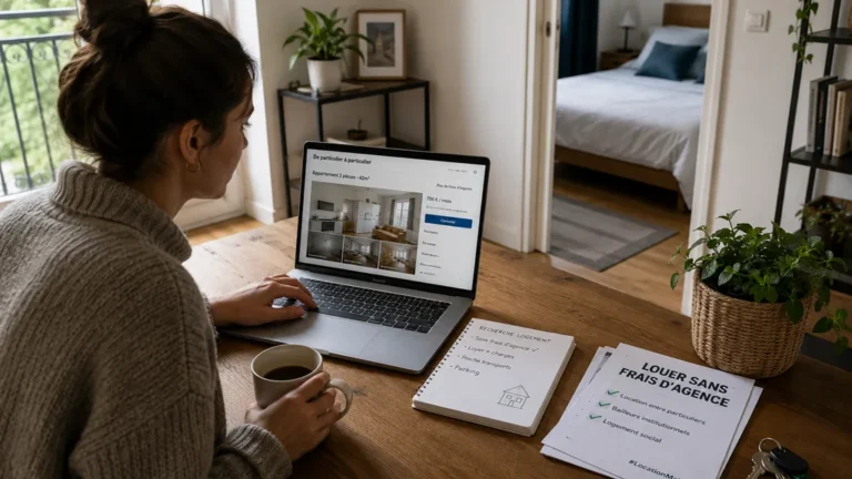 Personne recherchant un logement sans frais d’agence sur ordinateur dans un appartement lumineux.