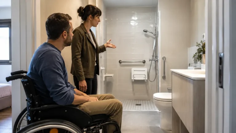 Locataire en fauteuil roulant visitant une salle de bain adaptée avec barres d’appui et douche sécurisée.