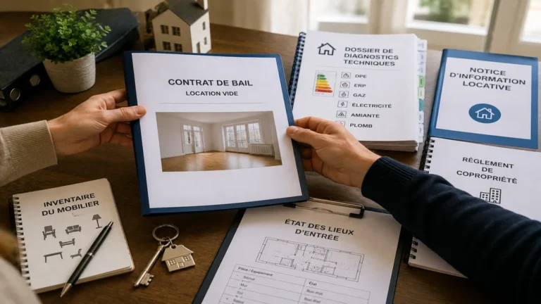 Dossier de location avec bail, diagnostics immobiliers et état des lieux à remettre au locataire
