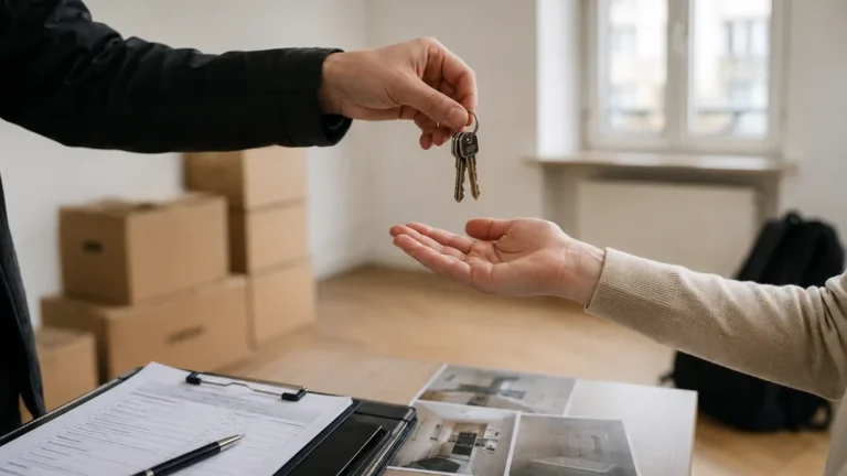 Remise de clés dans un appartement lors d’un état des lieux de sortie après une longue location