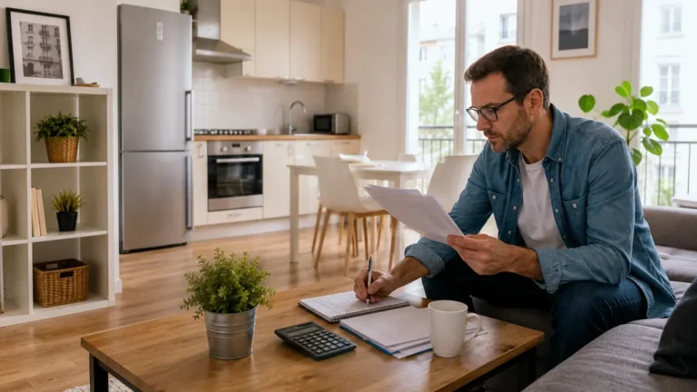 Propriétaire bailleur analysant ses documents de location dans un appartement moderne pour préparer ses obligations en 2025.