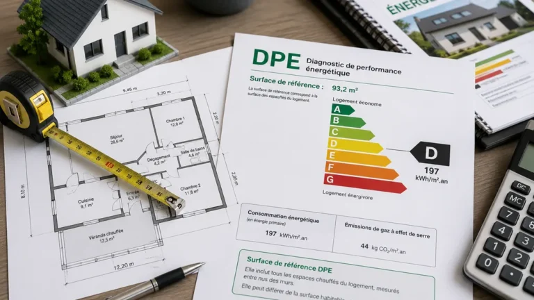 Plan de logement avec outils de mesure pour calculer la surface de référence DPE