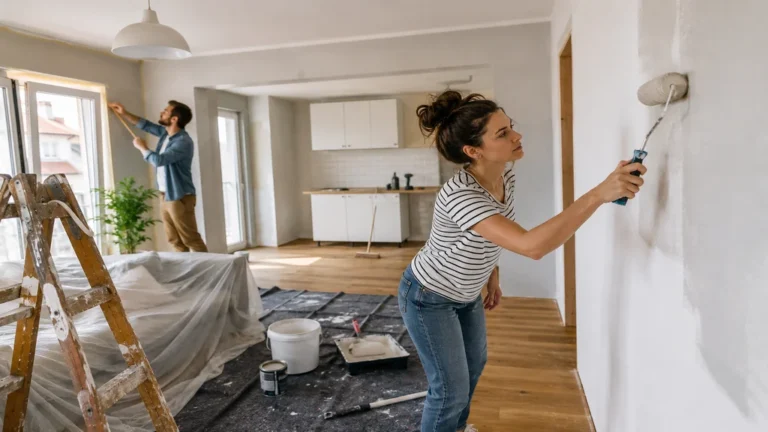 Couple réalisant des travaux de peinture pour valoriser une maison ou un appartement avant location