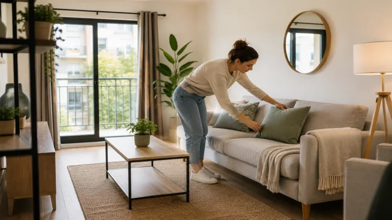 Propriétaire valorisant un salon lumineux avant de mettre son bien en location