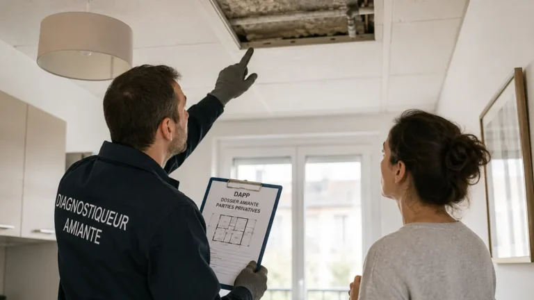 Diagnostiqueur immobilier inspectant un plafond d’appartement avant la mise en location pour vérifier la présence d’amiante