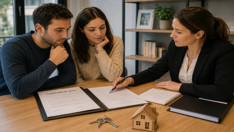 Acheteurs consultant un compromis de vente avec une professionnelle de l’immobilier avant une possible annulation