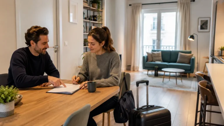 Propriétaire et locataire signant un contrat de location courte durée dans un appartement meublé