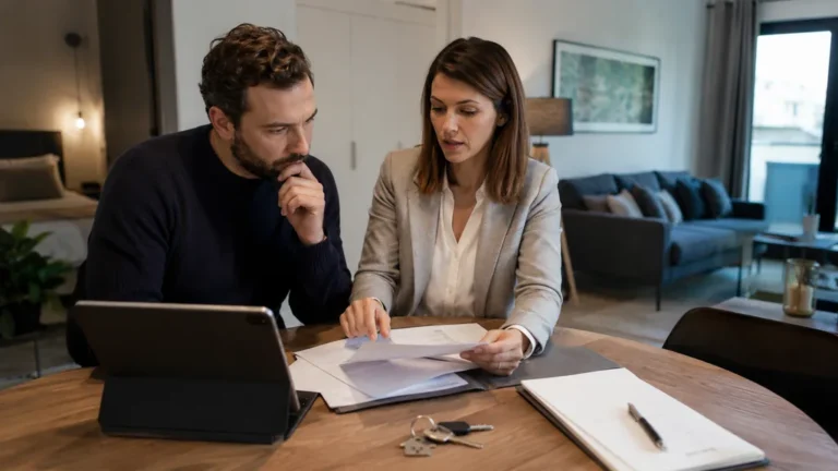 Propriétaire étudiant les nouvelles règles de location meublée avec une conseillère dans un appartement moderne