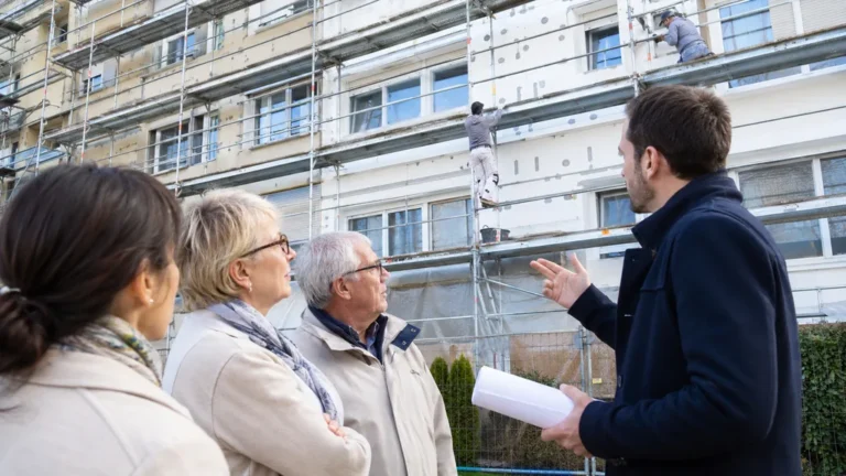 Copropriétaires discutant d’un chantier d’isolation thermique sur la façade d’un immeuble en copropriété