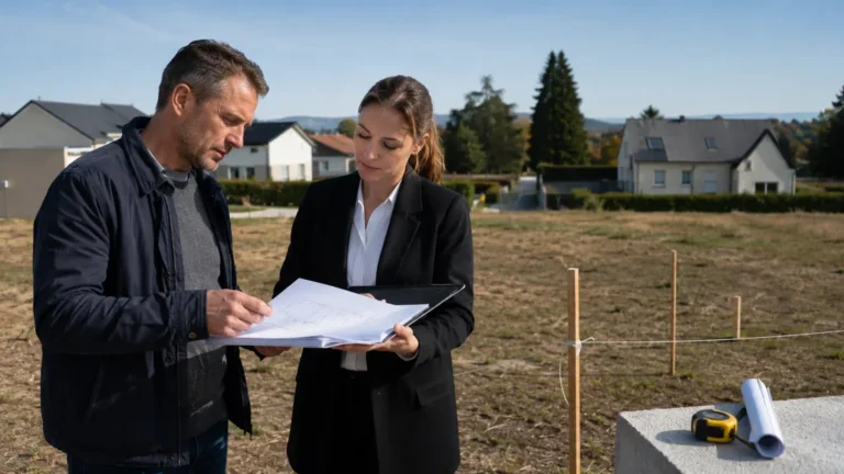 Propriétaire et professionnelle de l’immobilier consultant des documents sur un terrain constructible avant une vente