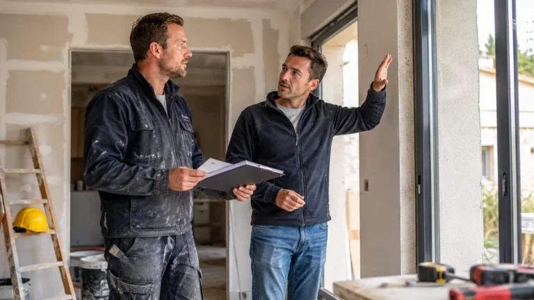 Artisan et maître d’ouvrage vérifiant un chantier de rénovation avant la libération de la retenue de garantie travaux